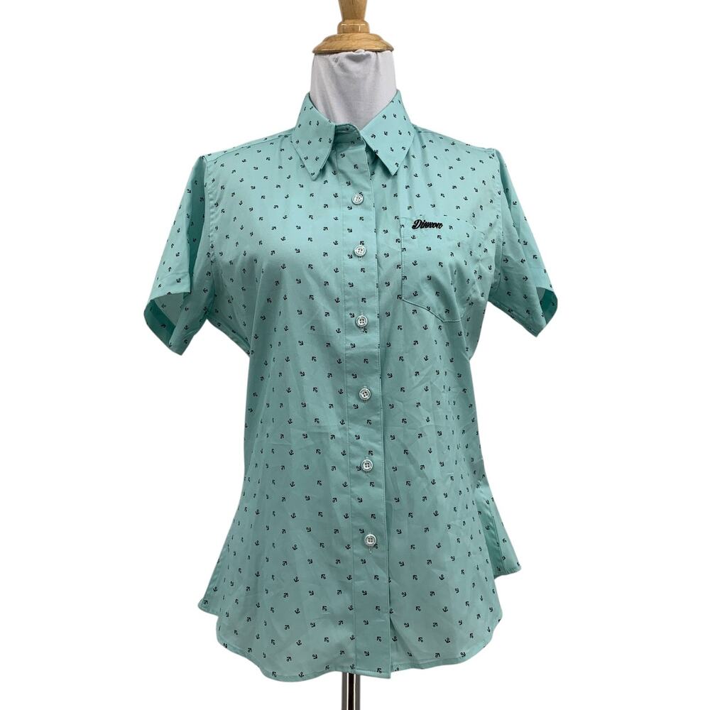 Dixxon Shirt Womens S Small Mint The Avery Short Sleeve Party Anchor Button Up